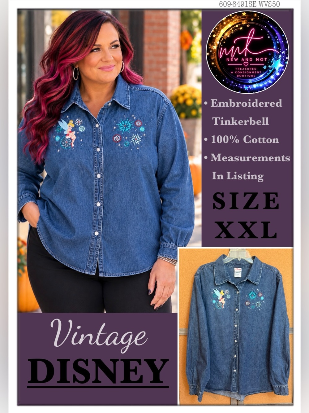 Vintage Disney Shopping Tinker Bell Embroidered Denim Shirt Women XXL 2X